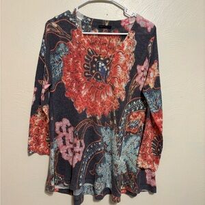 Nally & Millie Navy Floral V‑Neck Tunic with Coral, Teal and Pink